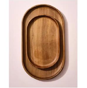 Lot de 2 plateaux de service en bois naturel de différentes tailles de forme ovale pour la maison et le restaurant, les collations et les boissons. - Product Image 1