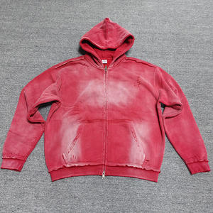 Fabricant vente en gros de haute qualité fermeture éclair Vintage soleil fané trou Streetwear sweat à capuche Stone Acid Wash Distressed Hoodie - Product Image 1
