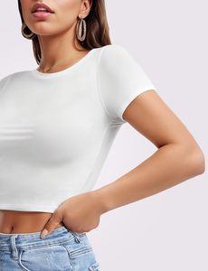 Top corto de manga corta con cuello redondo Y2K inspirado elegantemente ajustado Casual capa base lujosa camisa de entrenamiento para salir - Product Image 6