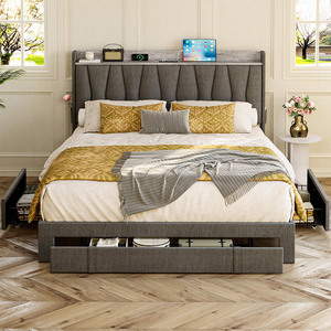 Cadre <span class=keywords><strong>de</strong></span> <span class=keywords><strong>lit</strong></span> rembourré intelligent avec ports USB, <span class=keywords><strong>lit</strong></span> plateforme en lin gris foncé avec tiroirs, meubles en kit KD - Product Image 1