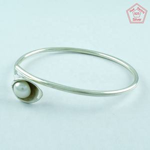 Pearl <b>Stone</b> 925 Sterling Silver Women's Bangle with Freshwater Pearl Adjustable Size Wedding Jewelry - Product Image 3