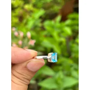 14K Marquise Geometric Gemstone <b>Ring</b> for Swiss Blue Topaz with <b>Emerald</b> Cut Diamond Rhodium Plated 925 <b>Silver</b> Men's <b>Ring</b> - Product Image 4