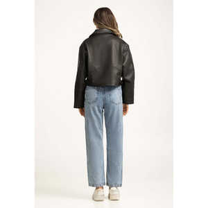 Chaqueta Blazer de Cuero PU para Mujer, Personalizable, Estilo Motero, Manga Larga, Cuello Camisero, Color Liso, Otoño-Primavera - Product Image 1