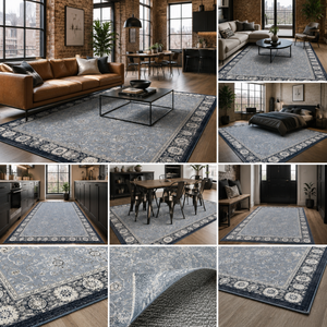 Netline Home Cool Border <b>Navy</b> <b>Blue</b> Traditional Washable <b>Rug</b> - Product Image 1