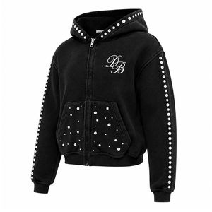 Unisex Black Washed Rhinestone Hooded Zip-Up Sweatshirt, Stylish Casual Y2K Cropped Hoodie <b>Jacket</b> with <b>Sparkling</b> Stud Details - Product Image 3