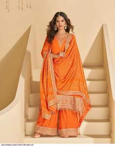 Ensemble Salwar Suit & Dupatta en trois pièces en tissu de soie Chinon de couleur foncée élégante, inspiré de Bollywood, imprimé numériquement - Product Image 5