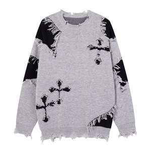 Pull-over en tricot personnalisé OEM pour hommes en coton jacquard d'hiver déchiré col rond anti-rides LOGO - Product Image 1