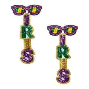 Boucles d'oreilles pendantes IRIS en perles de Mardi Gras, broderie artisanale de luxe, élégantes, stylées, mignonnes, uniques, tendance, Hiba Enterprises - Product Image 1