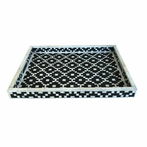 Plateau d'incrustation d'os en MDF noir et blanc fait à la main avec des fleurs de luxe nouveau plateau de service de conception pour le service de nourriture décorative - Product Image 2