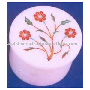 Boîte ronde en marbre avec incrustation florale - Product Image 1