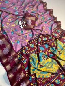 Sari Dola Kalmkari pour femme en tissu doux avec motif Jequred Patta à motif de paon, magnifique bordure Jequred argentée et dorée - Product Image 3