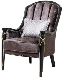 European Style Luxury Velvet Armchair with <b>Black</b> Lacquer Wood Frame and Gold Metal Inlay Details - Product Image 1
