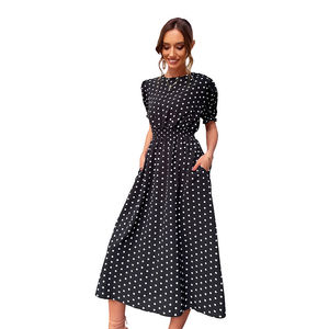 Robe de bureau pour femmes, robe de travail formelle à pois d'été, poche, manches courtes, confortable, grande taille, silhouette crayon, ceinture - Product Image 4