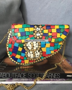 Mosaic Multi Color Half Moon Clutch <b>Bag</b> Multi Color Bead Studded Gold Tone Handmade Sling <b>Bags</b> Golden Purse for Girls - Product Image 5