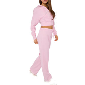 Ensemble de survêtement décontracté pour femmes, sweat à capuche zippé court et pantalon de jogging côtelé, mélange de coton, coupe ample, pour la production en gros de marques privées - Product Image 2