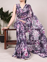 Saree léger en georgette en fausse fourrure avec motif floral, blouse respirante à bordure en dentelle perlée pour toutes les occasions