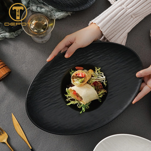 Assiette ovale en céramique texturée noir mat, assiette à dessert oblongue, bol chapeau <span class=keywords><strong>de</strong></span> paille, grande assiette <span class=keywords><strong>de</strong></span> service pour restaurant et gastronomie fine - Product Image 1