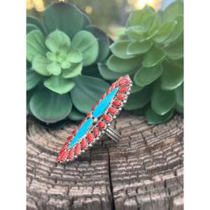 Navajo Stormy Mountain <b>Turquoise</b> & Natural Coral Everyday Wear Sterling Silver <b>Ring</b> Size 8 - Product Image 5