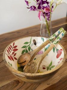 Bol à salade en bois de manguier émaillé bleu floral, intérieur imprimé motif poire, plat de service en bois pour cuisine, table à manger, décoration intérieure, cadeau - Product Image 4