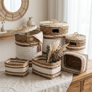 Natural Banana Bark Recycled <b>Plastic</b> <b>Basket</b> Set White Stripe Laundry Hamper With Lid Organizer Bin Setup Pure Art Room Decor Art - Product Image 4
