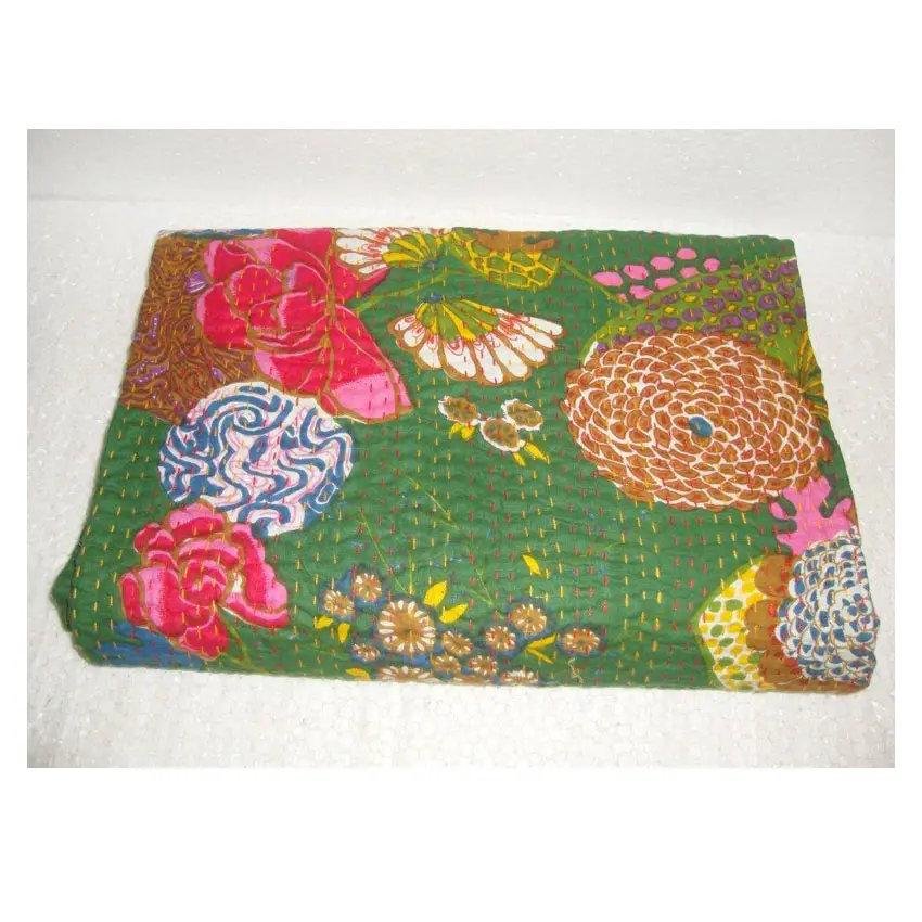 Tela de algodón puro con estampado de frutas de Color verde hecha en la India Kantha edredón manta colcha ropa de cama Bohemia Ikat Tropical