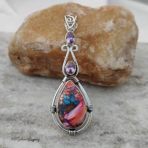 Pendentif en cuivre rose et turquoise avec collier en argent sterling et quartz rose, pendentif en pierre précieuse fait à la main, cadeau pour femme - Product Image 4