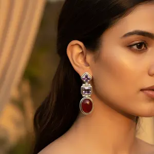 Boucles d'oreilles pendantes tendance en argent 925 pour femmes avec améthyste, cornaline et perles, clous d'oreilles pour mariages - Product Image 2