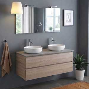 2C 2V Oak Well Cabinet 120 cm with 120x60 Beton <b>Mirror</b> Top and 2 Belize Lamps Bathroom <b>Set</b> - Product Image 1