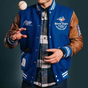 Chaqueta Varsity de Cuero Genuino y Lana Melton con Cuello Alto y Logotipo Frontal, Hecha a Medida Según Tu Diseño, Ropa de Invierno - Product Image 2