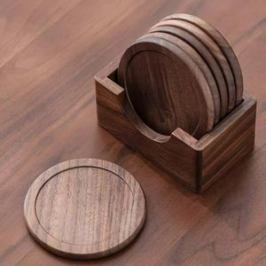 Ensemble de dessous-de-verre en bois de noyer massif avec support, rond, pour boissons, protection de surface de table, pour bar, restaurant, hôtel, bureau, maison, cuisines - Product Image 1