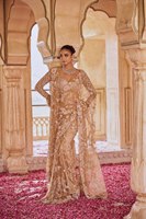 Saree + Blouse Set Wanita Bahan Georgette Sutra Imitasi Bulu Berkualitas Tinggi Warna Emas Terinspirasi Bollywood, Model Zalar yang Cantik untuk Pesta