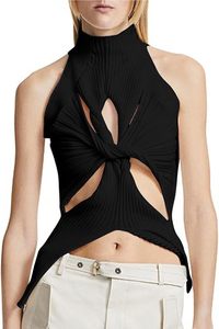 Moda color sólido chica deporte verano acanalado mujeres Sexy ahueca hacia fuera la parte delantera de la torsión de punto camisetas sin mangas de cuello alto recortado - Product Image 5