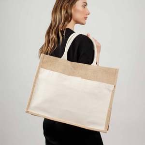Sacs fourre-tout en jute de couleur unie avec poche avant en toile, faciles à décorer TJ314 - Product Image 2