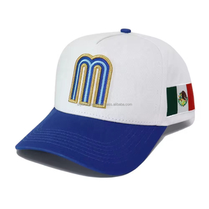 Custom Mexico 5 Panel a Frame Snap Back Hat Flag 3D M Embroidery Curved Bill Mexico Baseball Cotton <b>Cap</b> White Blue - Product Image 1