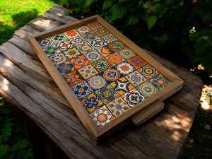 Plateau de service multi-pièces en bois de noyer moderne MS Handicraft avec poignées pour la décoration du salon Idée de cadeau pour la maison - Product Image 3