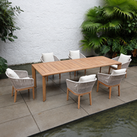 Ensemble de salle à manger extérieure en teck pour hôtel-resort, résistant aux intempéries, avec fauteuils en corde tressée, mobilier de patio pour l'hôtellerie