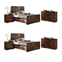 Ensemble de lit de luxe moderne en bois sur mesure avec rangement, table de chevet et commode, finition acajou