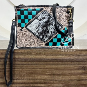 Hand Tooled Genuine Leather Mini Crossbody <b>Handbag</b> Western Cowhide Turquoise & Black Checkered Wristlet Zipper Purse <b>for</b> Women's - Product Image 1