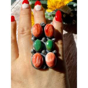 Nelson Johnson Bezel <b>Set</b> Coral & <b>Sterling</b> <b>Silver</b> Cluster <b>Ring</b> Size 8.5 - Product Image 2