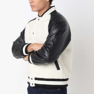 Vestes de baseball pour hommes de haute qualité en noir et blanc, tissu 100% coton, manches en cuir, col côtelé, taille oversize, veste d'hiver - Product Image 2