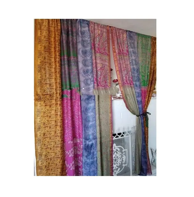 Toptan tedarikçiler Sari Patchwork perde örtüsü pencere dekor ipek Saree perde toptan fiyata mevcut