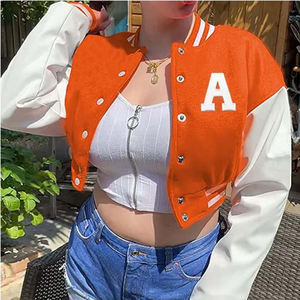 Chaquetas de béisbol de cuero de lana recortada de alta calidad para mujer, soporte personalizado en blanco, bolsillo estampado de otoño, ropa de temporada de invierno - Product Image 2