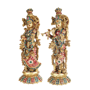 Shubham Radha Krishna latón Murti de Murli Kishan tocando la flauta Radha Idol de pie en Lotus para el hogar Mandir decoración matrimonio - Product Image 3