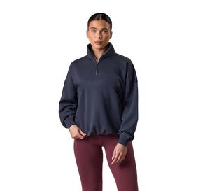 Sweat-shirts d'hiver pour femmes à col rond, style tendance, coupe ample, épaules tombantes, manches longues, couleur unie, fermeture éclair mi-longue - Product Image 1