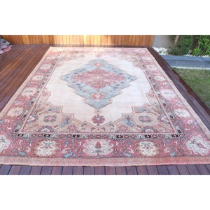 8.3x11.6 ft Vintage Oversize Turkish Solid <b>Wool</b> Rug Eco-Friendly Traditional Patchwork Design Latex Backing <b>Red</b> Blue Home Rug - Product Image 1