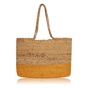 Grand sac de plage en paille de jute de luxe, forme seau, avec fond jaune et poignée longue pour le port à l'épaule, sac de shopping - Product Image 1