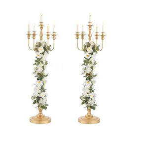Wholesale Price 5 Arm Candelabra Gold Plated Metal Floor Candle Holder Wedding Centerpieces Flower Stand for Events Party