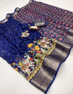 ผ้าส่าหรีผ้าจอร์เจตต์แบบ Banarasi สำหรับผู้หญิง สวยงาม หรูหรา พร้อมขอบผ้าทอลาย Gajraj ประดับด้วยกลิตเตอร์และงานปักดิ้นทอง ผลิตในประเทศอินเดีย - Product Image 4