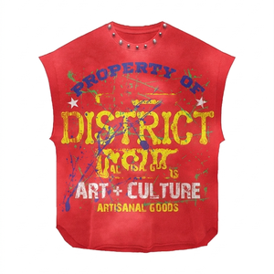 Premium 220 GSM Cotton Women Sleeveless T Shirt <b>Red</b> Graphic Puff Print Studded Custom Logo Women's Cotton Shirts - Product Image 1