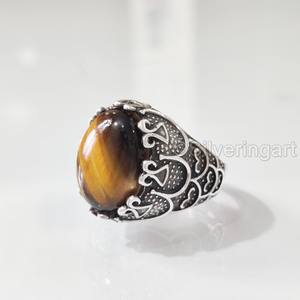 Grossiste Bague Mans Oeil de Tigre Naturel Pierre Précieuse Bague de Naissance de Juin Toutes Tailles Bijoux de Noël Lourds Bague en Argent Sterling 925 - Product Image 1